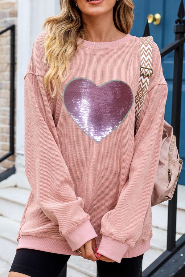 Valentine’s Day Sequin Heart Round Neck Long Sleeve Sweatshirt For Discount - Image 3