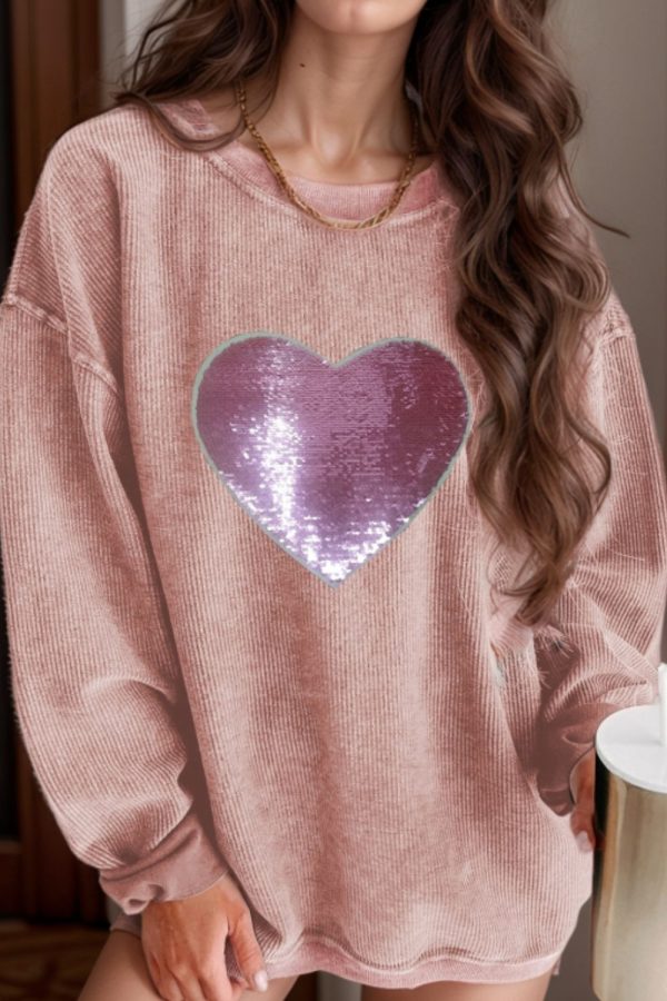 Valentine’s Day Sequin Heart Round Neck Long Sleeve Sweatshirt For Discount