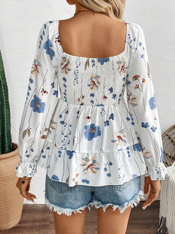 Smocked Floral Scoop Neck Flounce Sleeve Blouse Sale - Image 2