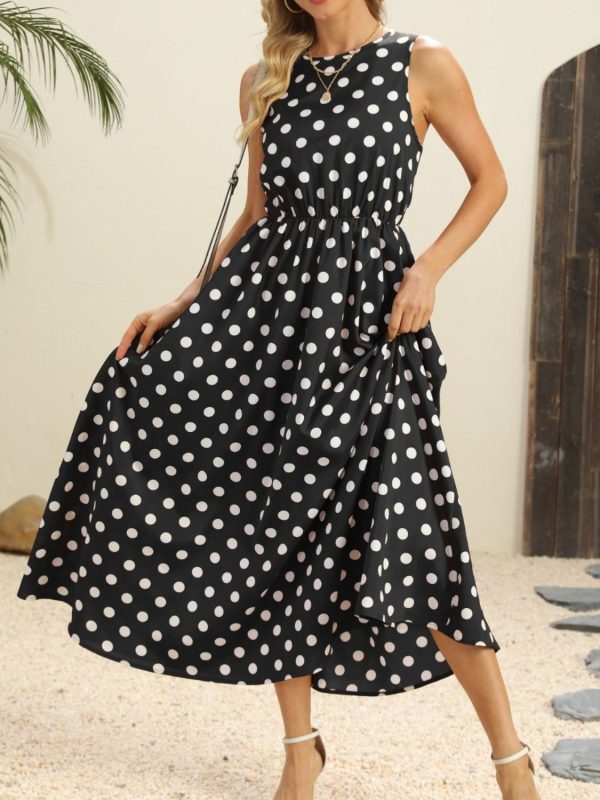 Polka Dot Round Neck Sleeveless Midi Dress Online Sale