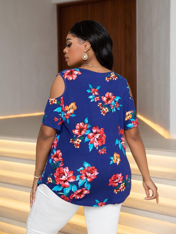 Plus Size Cold-Shoulder Round Neck Curved Hem Tee For Cheap - Image 5