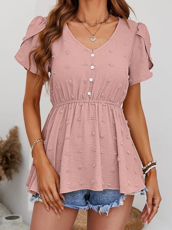 Swiss Dot Buttoned Petal Sleeve Peplum Blouse For Cheap