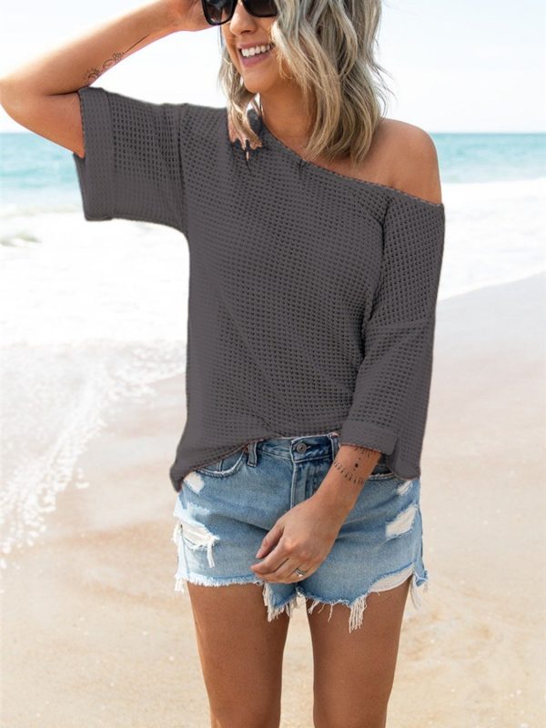 Waffle Knit Boat Neck Half Sleeve T-Shirt Online - Image 5