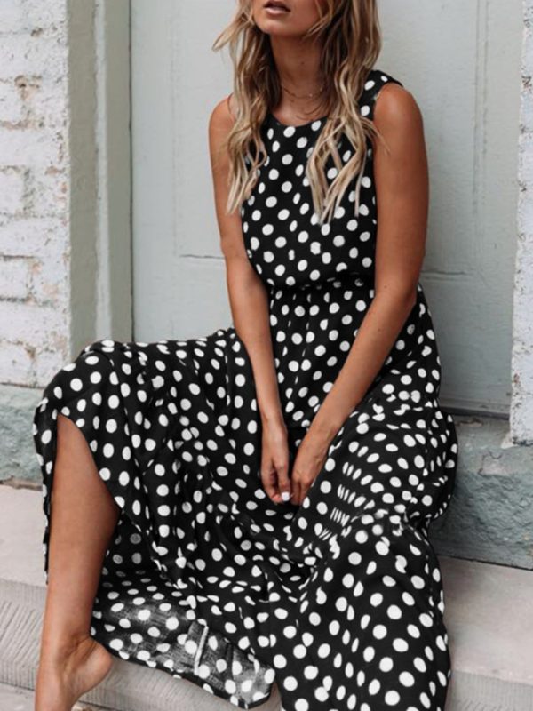 Polka Dot Round Neck Sleeveless Midi Dress Online Sale - Image 2