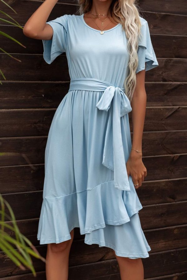Tie Waist Petal Sleeve Ruffle Hem Dress Cheap - Image 3