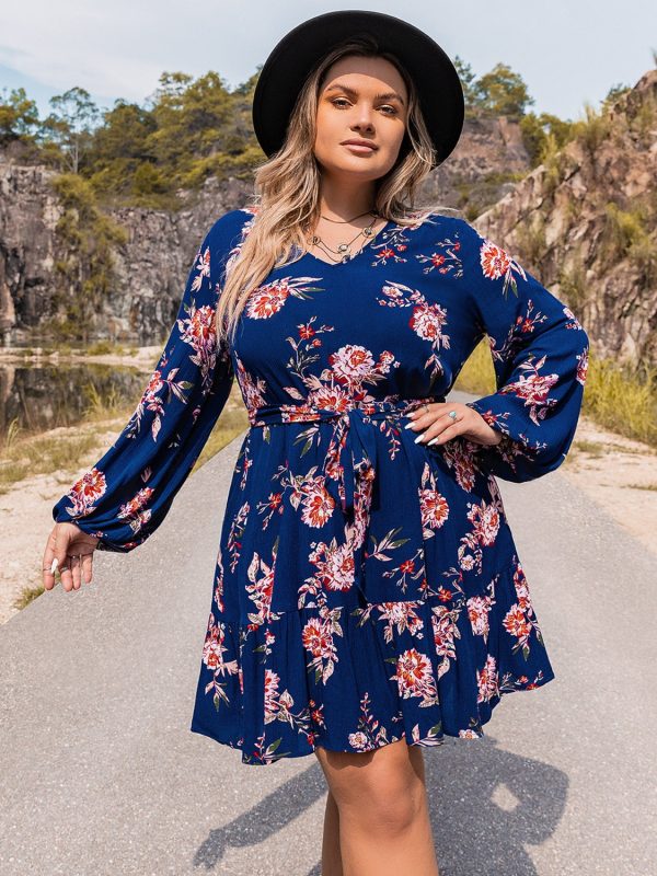 Plus Size V-Neck Long Sleeve Dress Online Hot Sale