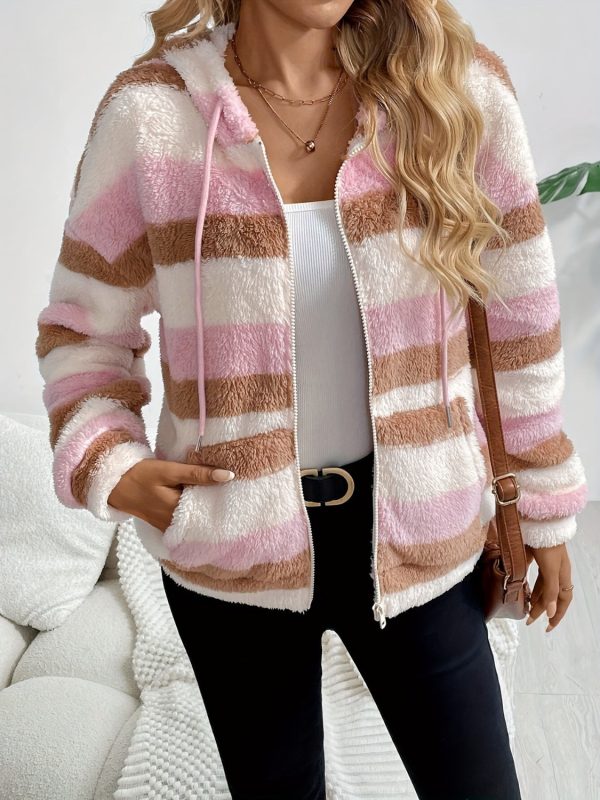 Drawstring Striped Zip Up Hooded Jacket Cheap - Image 4
