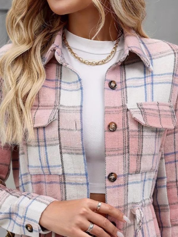 Drawstring Plaid Button Up Jacket with Chest Pockets Cheap - Image 3