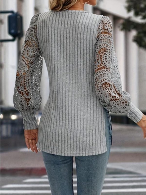 Side Slit V-Neck Lace Long Sleeve T-Shirt For Cheap - Image 2